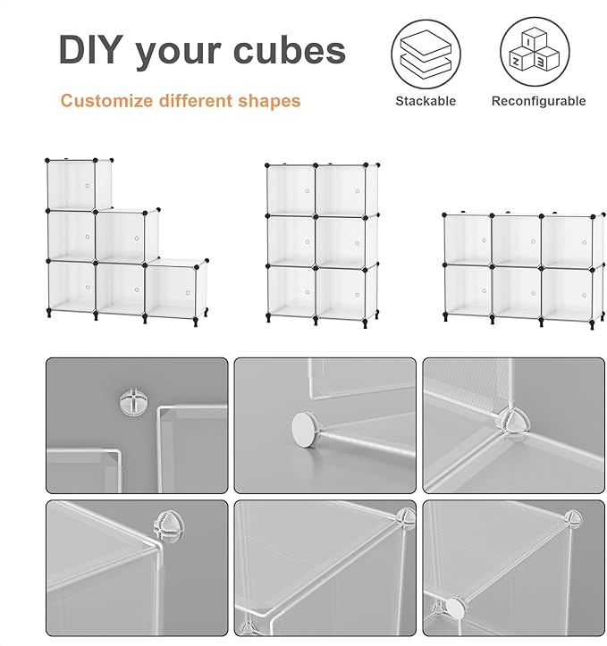 Cube Storage Organizer, 6-Cube Shelves Unit with Doors, DIY Stackable Plastic Clothes Organizer for Bedroom and Under Stairs Storage Unit, 30 x 30 x 30 cm Frosted White ATTSL6003