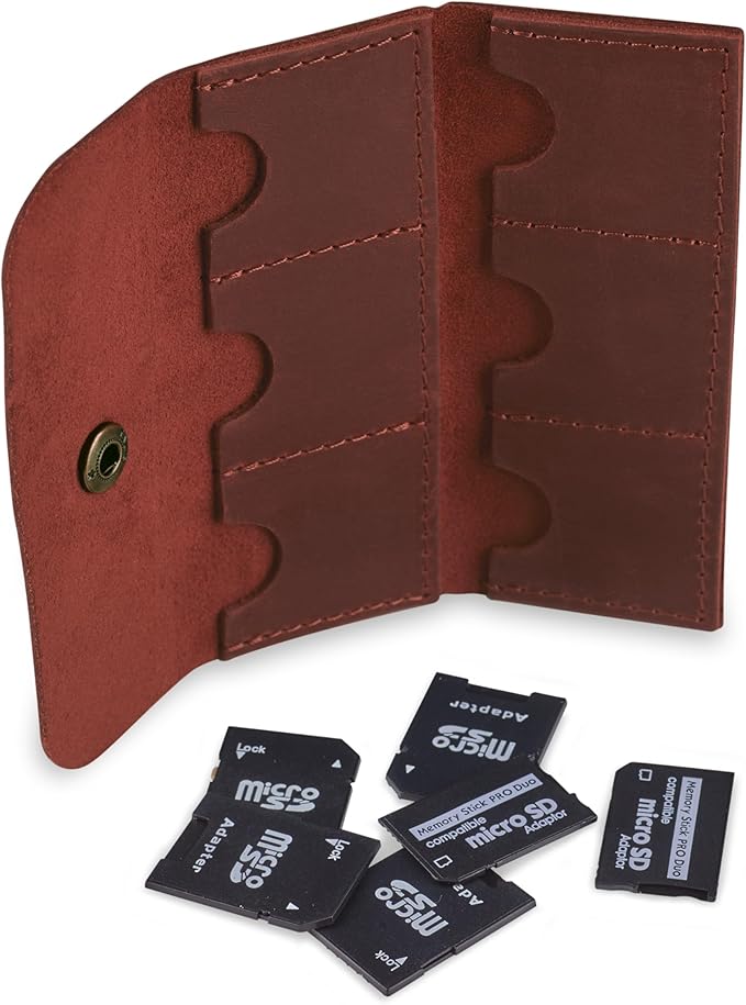 Cognac Leather SD Card Holder - Micro SD & Memory Card Organizer & Storage Case for Travel