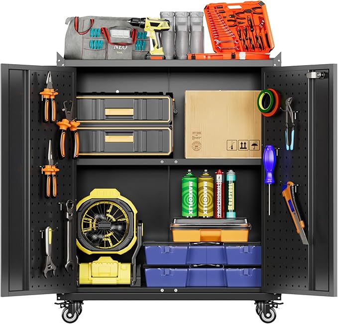 SUXXAN Metal Storage Cabinet with Wheels, Rolling Storage Cabinet with 2 Doors and Adjustable Shelves, Pegboard and 4 Hooks, Suitable for Garage, Home, Office, School, Black