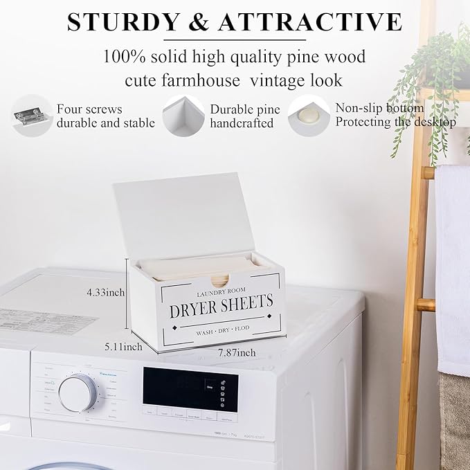 HouseJoy Dryer Sheet Holder-White Dryer Sheet Container with Lid,Rustic Farmhouse Wooden Dryer Sheet Dispenser for Fabric Softener Sheets,Laundry Room Decor Organization/Storage
