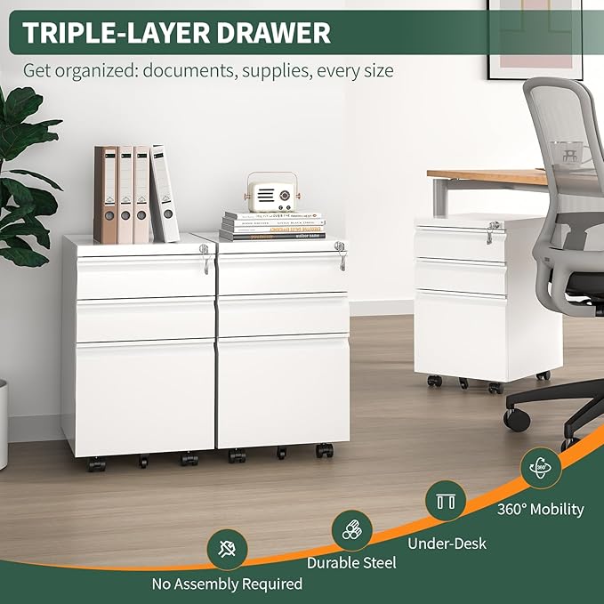 3 Drawer File Cabinet with Lock,Under Desk Rolling Small Filing Cabinet for Home Office Storage, Mobile Steel Cabinets with Wheels, Fully Assembled, White