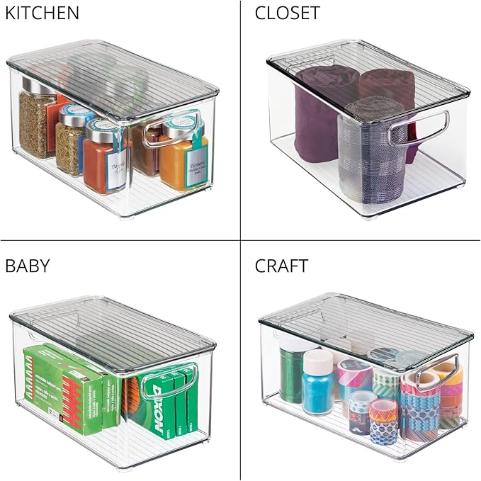 mDesign Plastic Deep Storage Bin Box Container with Lid and Built-In Handles - Organization for Fruit, Snacks, or Food in Kitchen Pantry, Cabinet, Cupboard, Ligne Collection, 6 Pack, Clear/Smoke Gray