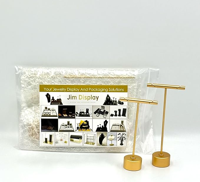 Metal Earring Stand Display Round Base Earring T Bar Display Necklace Bracelet Ring Ear Studs Jewelry Display Rack for Vendors Photography and Showcase, Gold 2pcs Height 5.31" and 4.52"