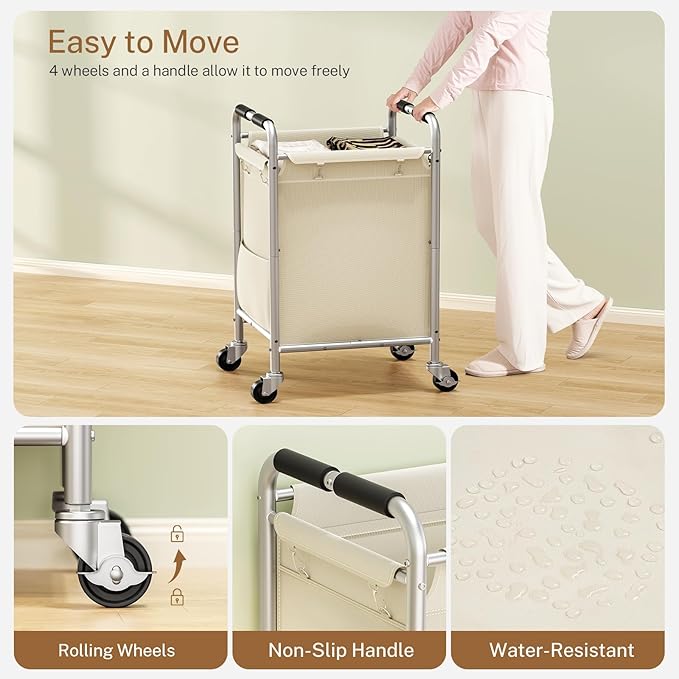 Laundry Basket with Wheels, Rolling Laundry Sorter Cart with Side pockets,47.6GAL(180L) Rolling Laundry Hamper with Removable Bag and Handle for Bedroom, Beige