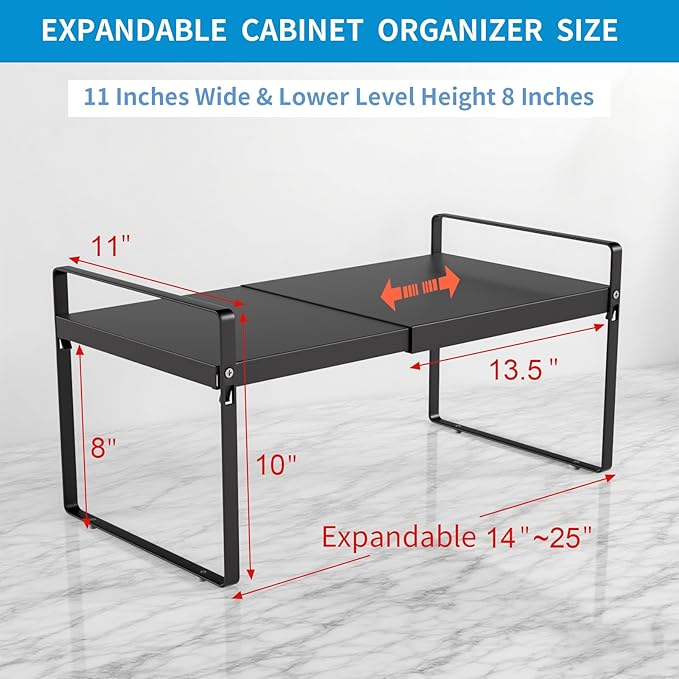 Expandable Cabinet Shelf Organizer 14-25 Inch Adjustable Length, 11" Wide 2-Tier (8" Bottom Layer) Metal Storage Rack for Kitchen Pantry, Under Sink Countertop - Heavy Duty Black(2 Pack)
