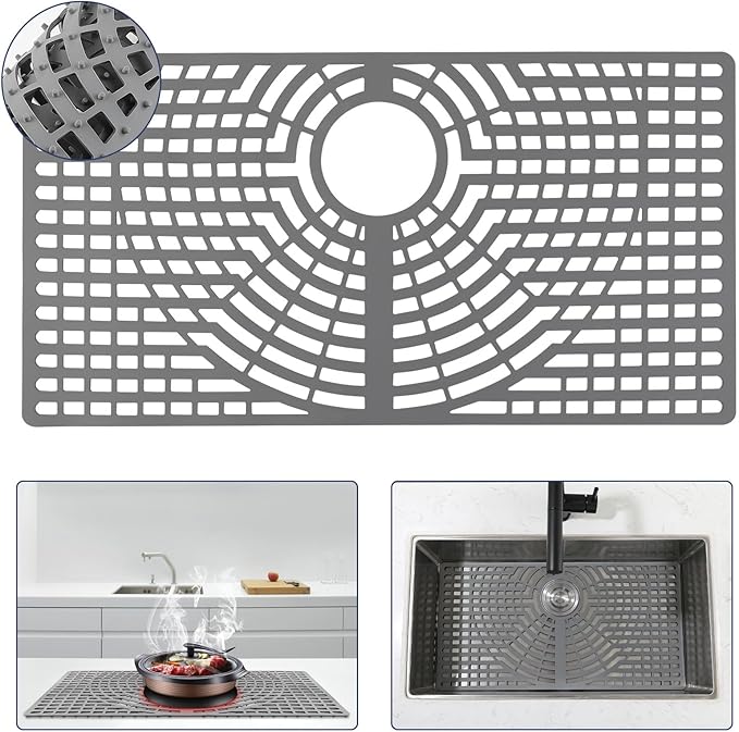 Silicone Sink Protector 26“x14" Rear Drain Hole, Heat Resistant Non-slip Dishwasher Suitable, Large Sink Mat for Bottom of Farmhouse Kitchen Stainless Steel Sinks(Grey）