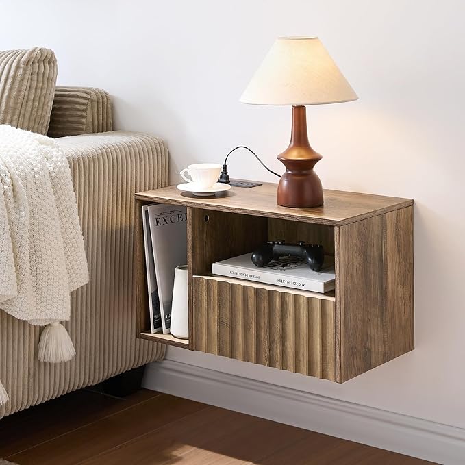Floating Nightstand with Charging Station - Rustic Brown Wall Mounted Modern Fluted Bedside Table with Drawer, USB Ports & Outlets (Set of 2)