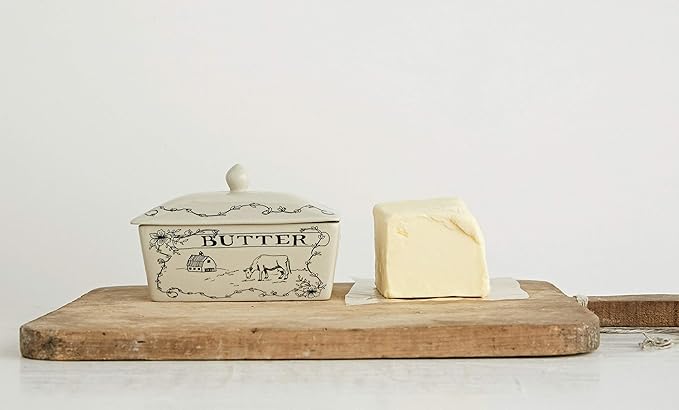 Creative Co-Op Country Stoneware Butter Dish with Lid, "Spread the Love" Message, and Farm Line Drawing, White and Black, Food, Microwave, and Dishwasher Safe