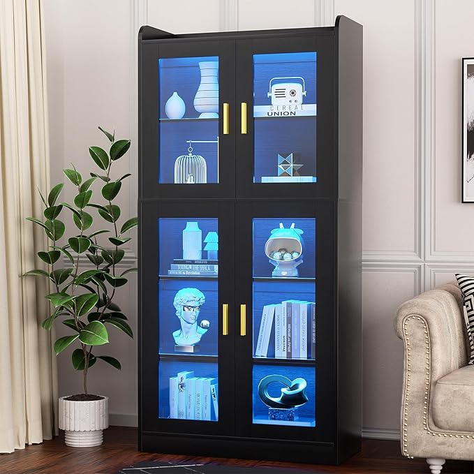 Unikito Display Cabinet with Glass Doors, 67" Tall Bookcase with LED Lights, Glass Display Case with 5-Tier Storage Shelves, Curio Cabinet for Collectibles Bedroom Living Room Office, Black Bookshelf