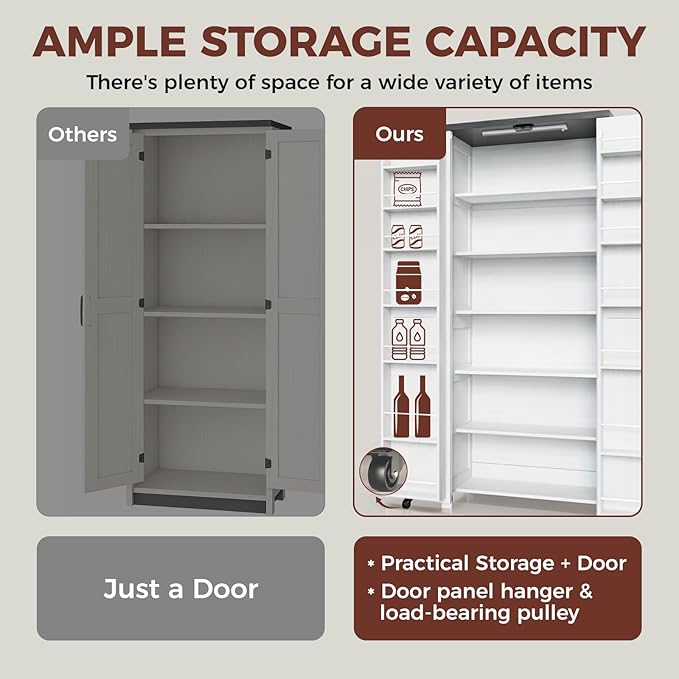 White Farmhouse Kitchen Pantry Cabinet, 72" Tall Storage Cabinet with Adjustable Shelves，Farmhouse LED Food Storage with 2 Barn Doors for Kitchen, Dining Room, Living Room