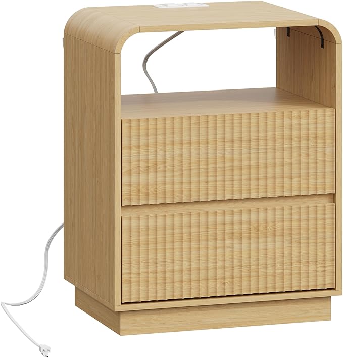 Natural Oak Nightstand with Charging Station, Mid Century Modern Bedside Table & End Table, Fluted Wood Small Night Stand with 2 Hidden Drawers and Storage Shelf for Bedroom