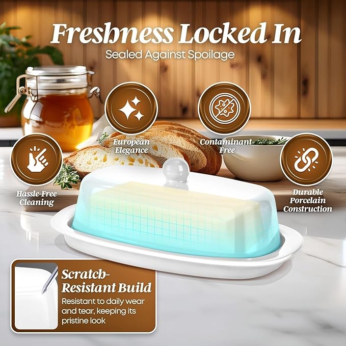 Flexzion Ceramic White European Butter Dish with Lid for Countertop (7 Inch) - 1 Stick Butter Holder for Counter, Cream Cheese Container Storage Keeper