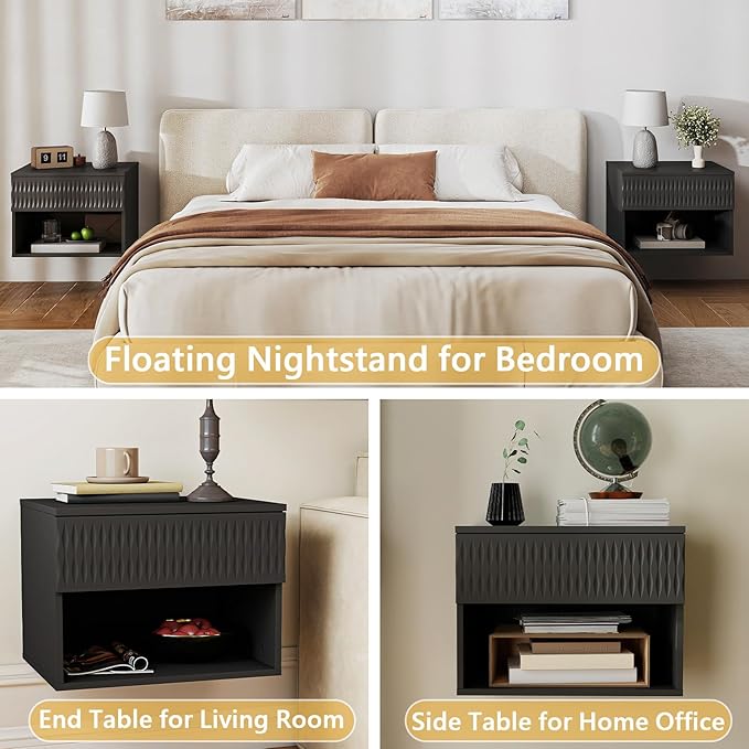 Floating Nightstand Set of 2,Modern Bedside Tables for Bedroom,Small Night Stands with Drawer and Open Shelf, Wall Mounted End SideTables Set for Living Room