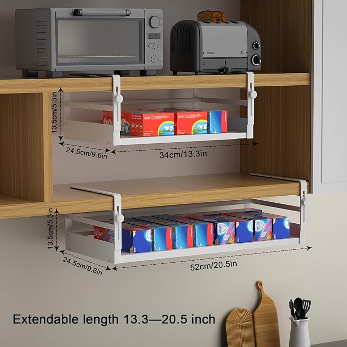 2Pack Under Shelf Basket Organizer, Adjustable Under Cabinet Shelf Storage, Hanging Holder Length Stretchable 13-21Inch for Kitchen Pantry Desk Counter Bookshelf Cupboard (White)