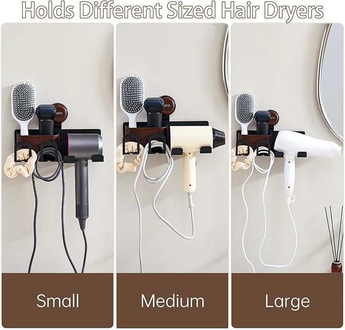 Hair Dryer Holder Wall Mount with Suction Cup, No-Drill Metal Blow Dryer Holder, Hair Accessories Tools Organizer Rack with 2 Toothbrush Hanger & Shelf, Walnut Finish for Bathroom