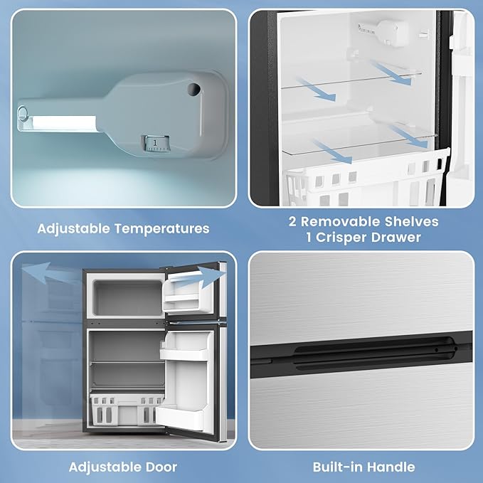 3.1 Cu.Ft Mini Fridge with Freezer, Compact Refrigerator with 2 Doors, Small Fridge with Adjustable Thermostat & Removable Glass Shelves for Bedroom, Office, Dorm, or Apartment, Silver