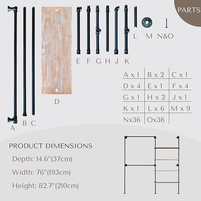 Industrial Pipe Clothing Rack, Wall Mounted Garment Black Wall Hanging Clothing Rack, Heavy Duty Clothes Rack for Walk in Closet Storage, Laundry Room, 14.6x76x82.7 Inches, Model Y02