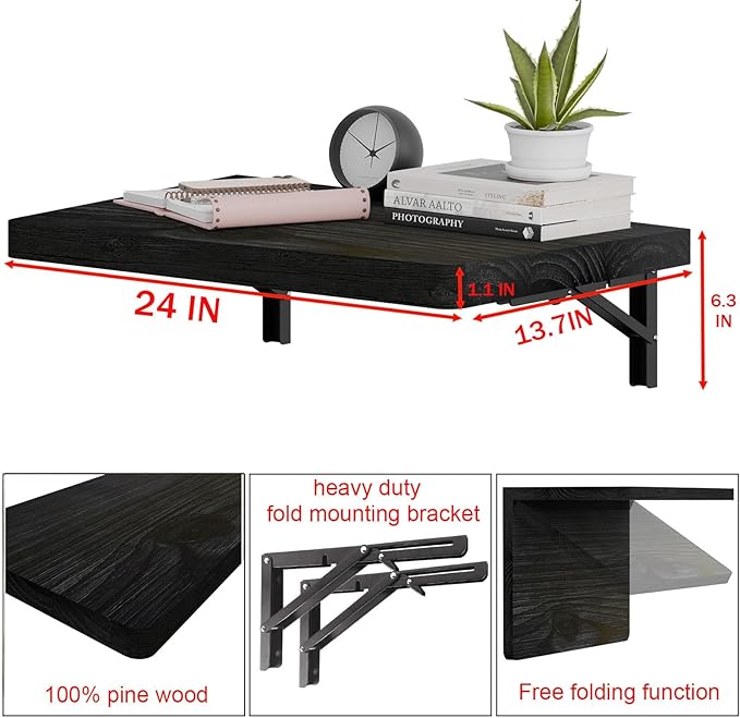 IAE Wall Mounted Folding Table with Pine Wood,24" x 14" Floating Wall Desk,Laundry Folding Table with Shelf Brackets,Fold Down Desk Shelf,Folding Workbench for Home,Dining,Laundry Room,Kitchen,Black