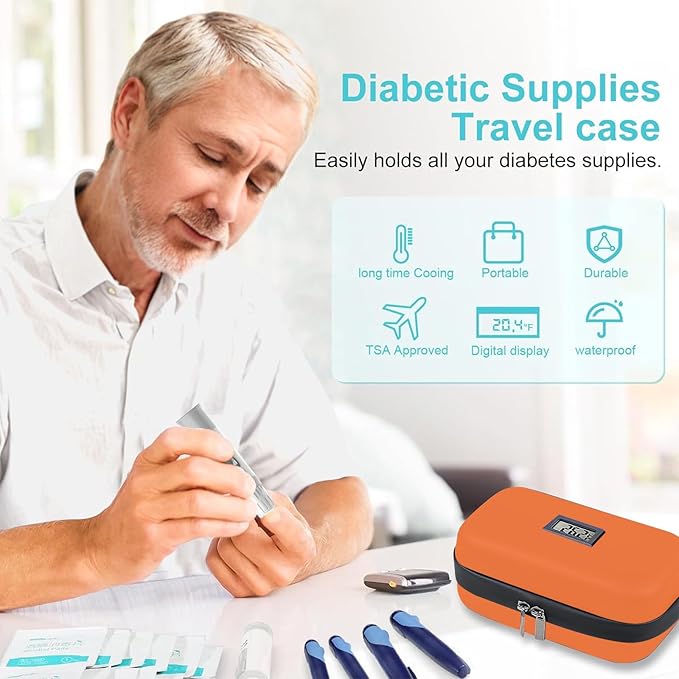Insulin Cooler Travel Case, 2 × 180g TSA Approved Ice Packs, Refrigerated Medicine Case with Temperature Display (Orange)