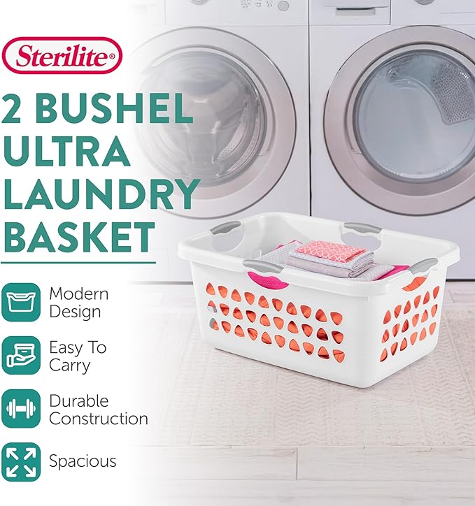 Sterilite 4 Pack Ultra Laundry Basket, Plastic Clothes Hamper, Large Rectangle Bin with 4 Comfort Grip Handles, 2 Bushel Capacity, White