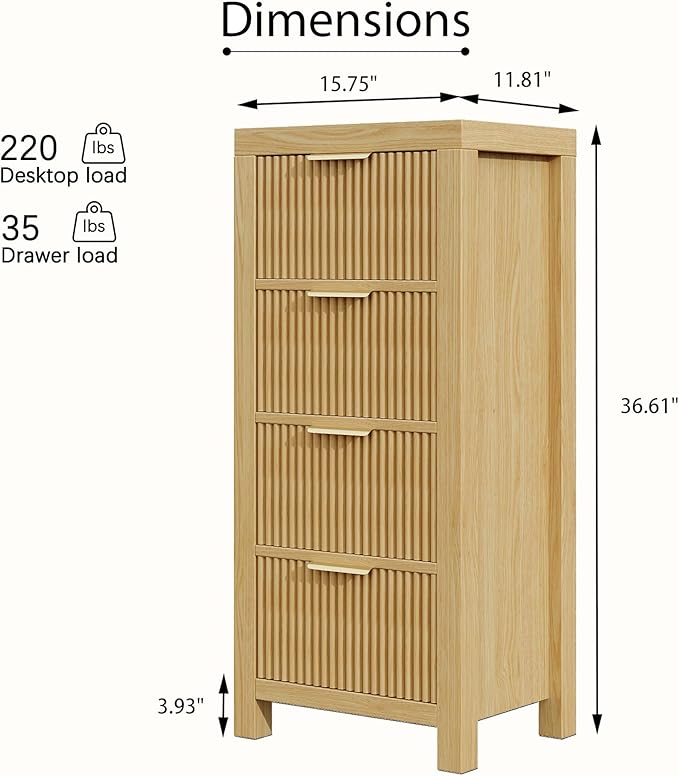 Modern 4-Drawer Solid Wood Dresser with Fluted Front & Gold Handles, Multifunctional Tall Storage Chest, for Hallway, Entryway, Natural