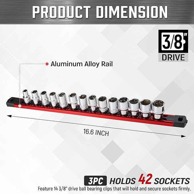 ALOANES 3-Piece Magnetic Tool Organizer, Heavy Duty Aluminum Rails, 360 Swivel Socket Holder Kit with 42 Clips (Red, 3/8-Inch)