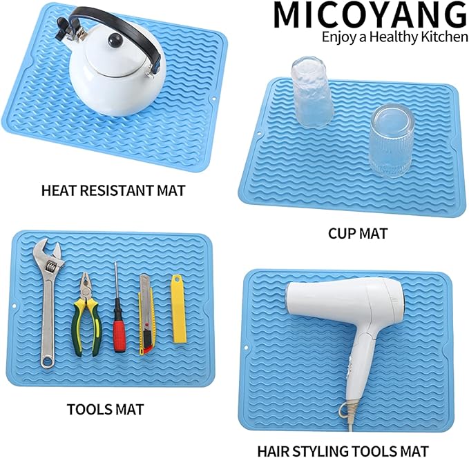 Silicone Dish Drying Mat for Multiple Usage,Easy clean,Eco-friendly,Heat-resistant Silicone Mat for Kitchen Counter or Sink,Refrigerator or drawer liner Light Blue L 16 inches x 12 inches