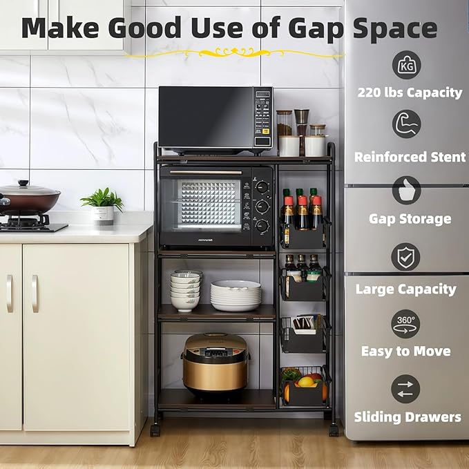 5-Tier Kitchen Carts on Wheels with Storage, Rolling Storage Cart with Handles, Lockable Wheels, 4 Drawers, Utility Carts on Wheels Microwave Stand for Kitchen, Living Room