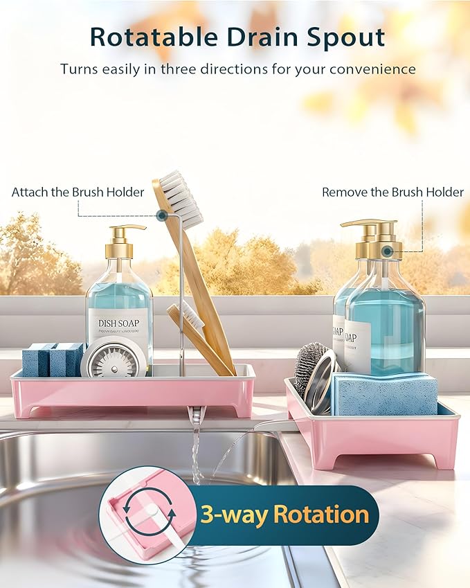 Ceramic-Look Sink Caddy, Rustproof Sponge Holder for Kitchen Sink with 304 Stainless-Steel Brush Holder, Countertop Rack Organizer with Raised Ridges & Silicone Drain Tube (Blush Pink)