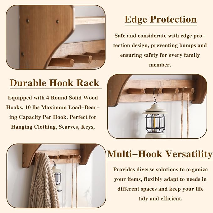 100% Solid Wood Wall Hooks with Shelf, Rustic Coat Rack with Shelf Wall-Mounted, Farmhouse Decor Shelves with 4 Hooks for Clothes Hats Towel Purse Robes, Bathroom Mudroom Bedroom, Entryway