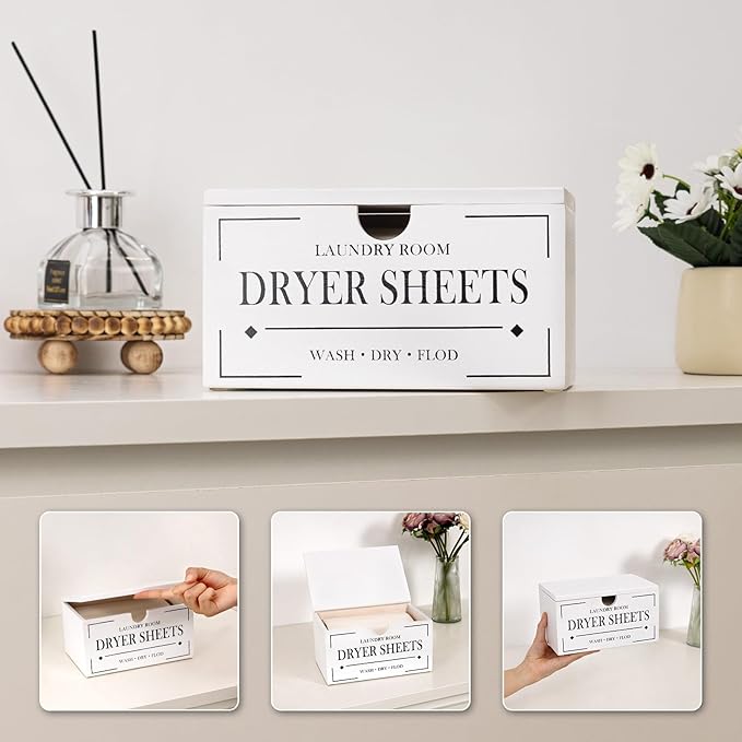 HouseJoy Dryer Sheet Holder-White Dryer Sheet Container with Lid,Rustic Farmhouse Wooden Dryer Sheet Dispenser for Fabric Softener Sheets,Laundry Room Decor Organization/Storage