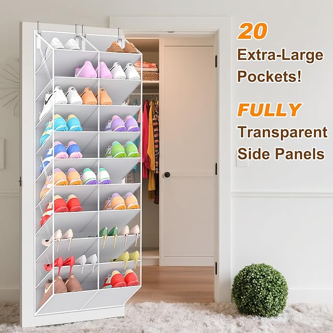 30 Pairs Over the Door Shoe Organizer, Clear Pockets Hanging Shoe Storage for Closet, 10-Tier Door Shoes Rack Storage Fit All the Family's Sneakers, Boots, Heels, Light Grey