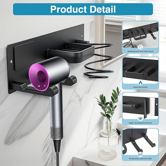 Hair Dryer Holder Blow Dryer Holder for Wall Mount Curling Iron Holder Flat Iron 3 in 1 Bathroom Hair Tool Organizer Rack, Matte Black