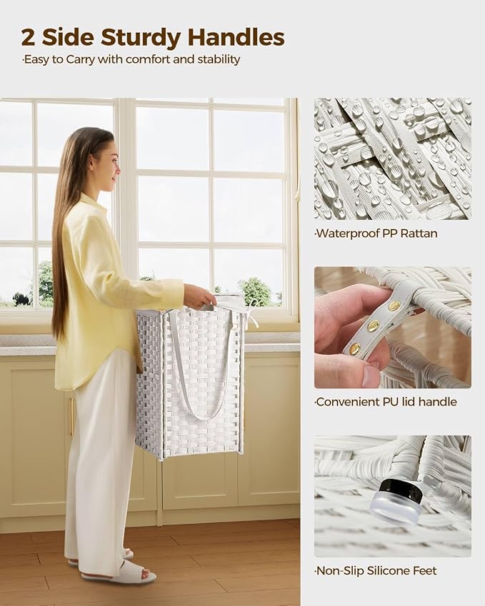 Greenstell Laundry Hamper with Wheels, No Install Needed, 110L Divided Handwoven Hampers & 2 Removable Liner Bags, Rattan Clothes Laundry Basket with Lid & Handles, Foldable Hampers White