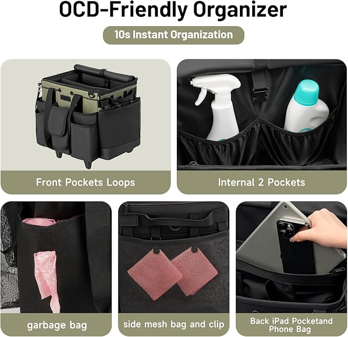 Large Cleaning Caddy for Cleaning Supplies Organizer, Rolling Cleaning Caddy Bags with Wheels for Housekeepers, Cleaning Carts on Wheels for Home Car Office Picnic