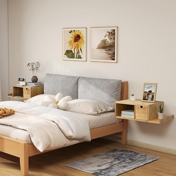 Afuly Floating Nightstand Set of 2 with Charging Station, Wall Mount Night Stands with Drawer Hanging Bedside Table End Table, Solid Wood Modern Side Table Shelf for Bedroom Natural Wooden Decor