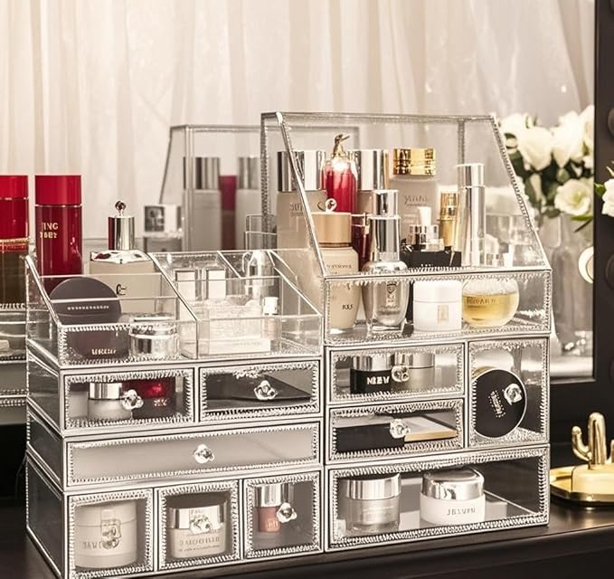Hersoo Glass Makeup Organizer for Vanity/Stackable 2Pieces Drawer Set/Antique Countertop Vanity Cosmetic Storage Box Mirror Glass Beauty Display, Holder for Brushes Lipsticks Skincare Toner (Silver)