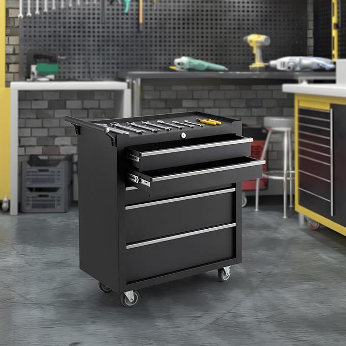 IDEALHOUSE Rolling Tool Chest, 5 Drawers Tool Storage Cabinet, Toolbox with Wheels, Portable Tool Cabinet Organizer with Locking System & Drawer Liners, Tool Storage Cart for Garage, Workshop, Black
