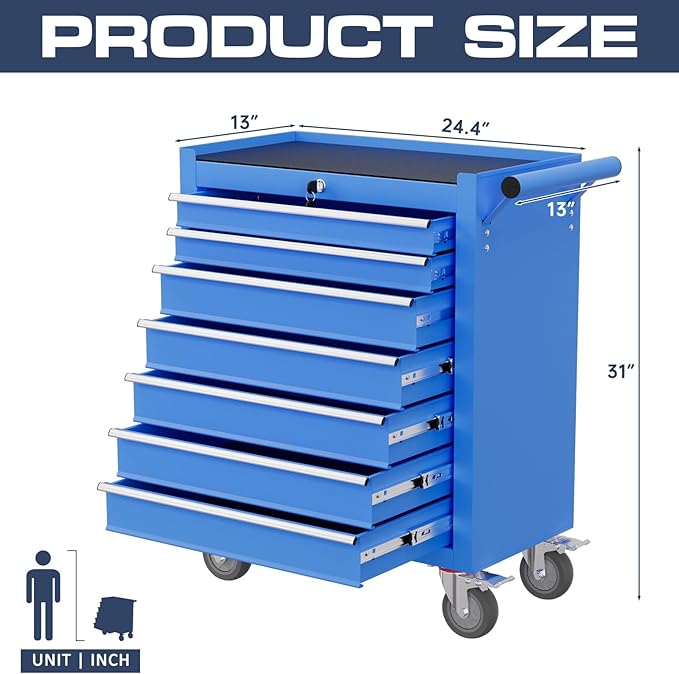 7-Drawer Tool Chest,Rolling Tool Cart with Wheels,High Capacity Tool Cabinet with Locking System for Garage, Warehouse, Workshop-Blue