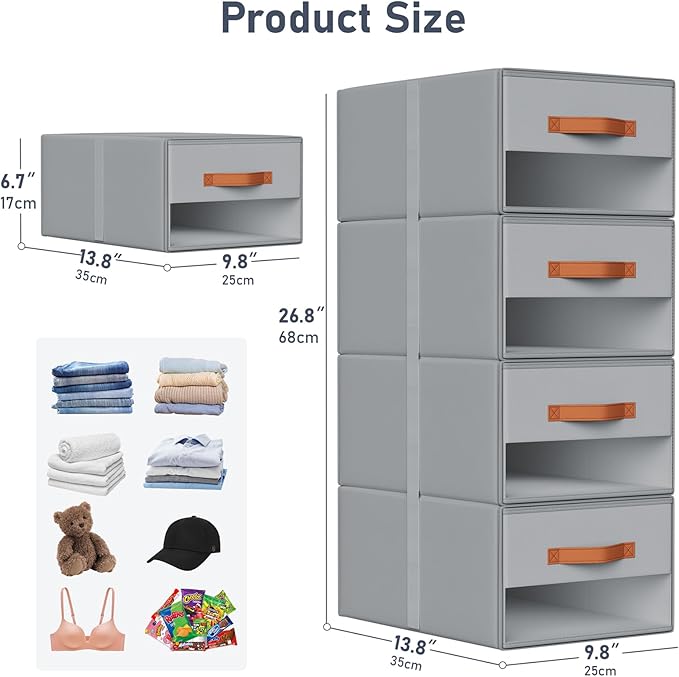 DIMJ Closet Organizers and Storage - Fabric Bins with Drawers for Closet Clothes Organizers with Clear Window, Stackable Storage Drawers Units for Bedroom, Living Room, 4 Pack, Grey