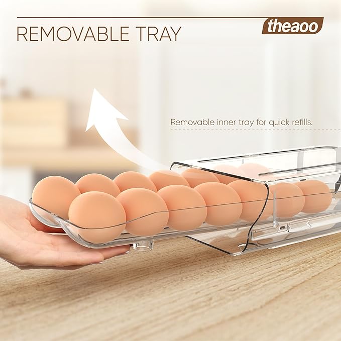 theaoo Egg Holder for Fridge, Automatic Rolling Egg Container for Refrigerator, Clear Plastic Egg Dispenser, Stackable Eggs Organizer with Quick Removable inner Tray For Organizers and Storage, 3 Pack