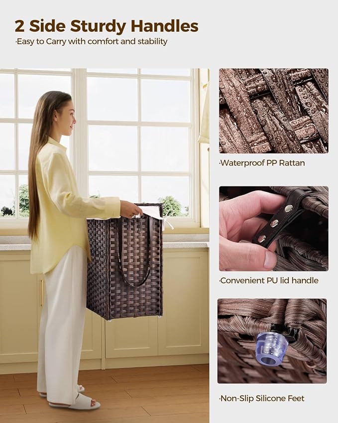 GREENSTELL Laundry Hamper with Wheels&Lid, 130L Large 3 Sections Clothes Hamper with 2 Types Removable Liner Bags, 5 Mesh Laundry Bags, Handwoven Divided Laundry Basket Brown