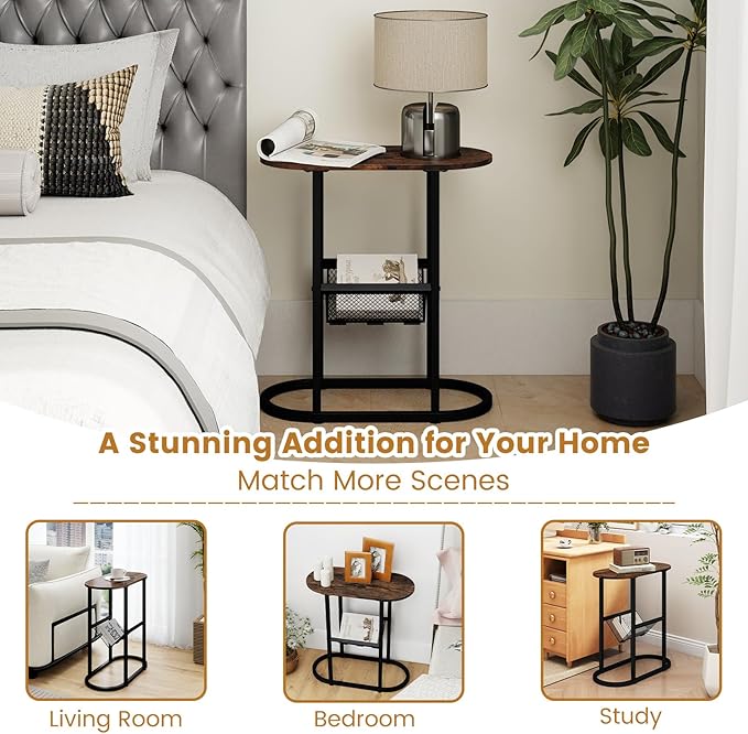 Tangkula Oval Narrow Side Table, 2-Tier End Table w/Mesh Magazine Rack, Steel Frame, Industrial Nightstand, Compact Sofa Bedside Table for Living Room Bedroom, Rustic Brown & Black