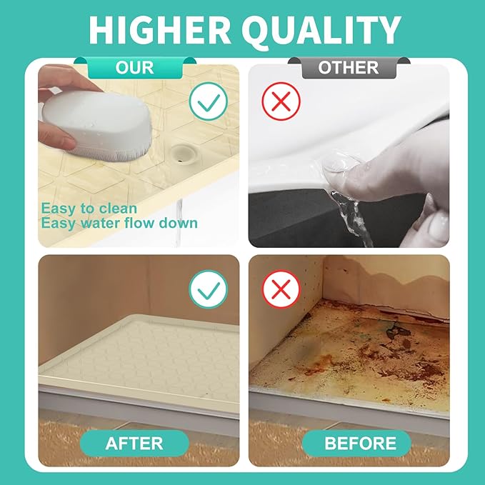 Under Sink Mat for Kitchen Silicone Waterproof Under Sink Liner, Flexible Sink Cabinet Organizer Tray with Drain Hole, Hold up to 3.3 Gallons Liquid, Easy to Clean (Beige, 34X22)