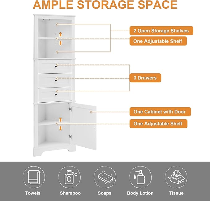 68.9" Tall Triangle Corner Cabinet with 3 Drawers & Adjustable Shelf, Freestanding Storage Cabinet,Water-Resistant, Anti-Tip Design,Space-Saving Organizer for Bathroom, Kitchen, Living Room, White