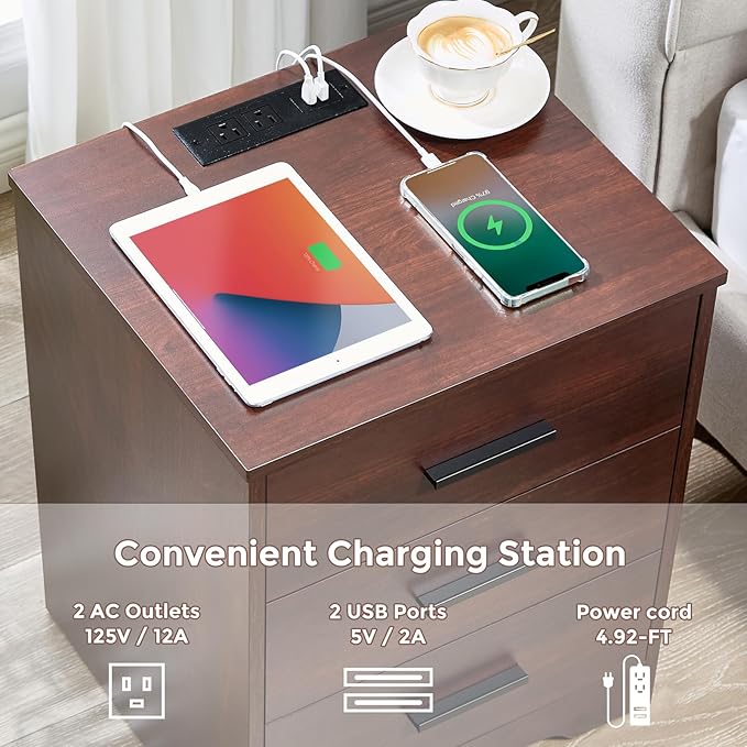 LIDYUK Dresser for Bedroom, Wood Dresser with 3 Drawers, Modern Minimalist Dressers & Chests of Drawers, 21 Inches Side Table Nightstand with Charging Station for Bedroom, Dark Cherry
