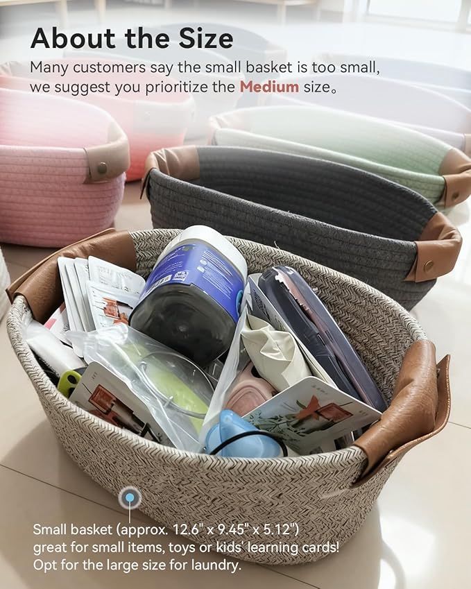 Small Cotton Woven Basket with PU Leather Handle, Baby Kids Clothes Toys Candy Gifts Cotton Rope Organizer, for Living Room Bathroom Shower Storage Laundry, Dog Cat Bed, Fall Basket, Coffee