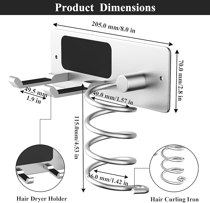 Tindbea Hair Dryer Holder + Curling Iron Holder,Blow Dryer Holder Wall Mount, Bathroom Hair Tool Organizer Rack for Universal Dryer Silver Color