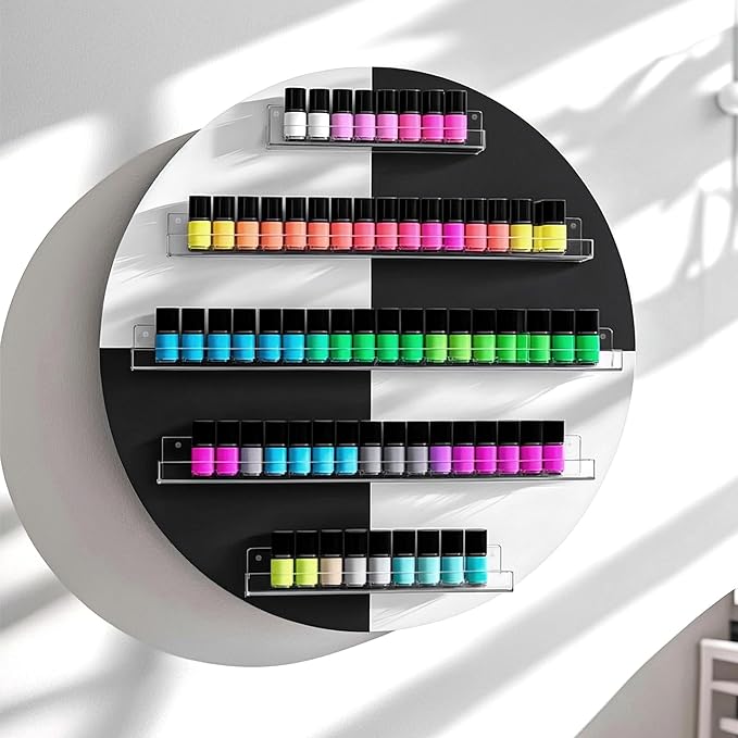 Wall Mount Nail Polish Organizer, Wood Nail Polish Rack w/Acrylic Barrier, 5-Tier Round Storage & Display Shelf, Perfume Essential Oil Bottles Holder, White & Black