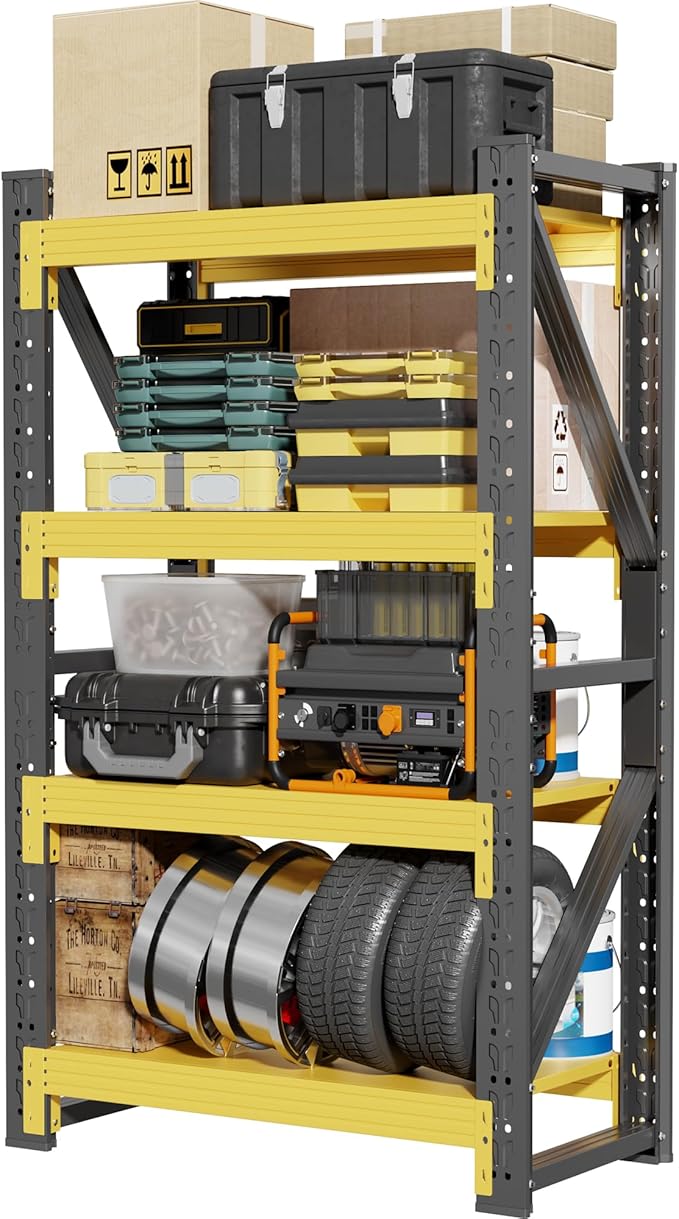 48" W Garage Shelving,4-Tier Heavy Duty Storage Shelves Unit with Adjustable Metal Shelf for Warehouse,Basement,Workshop,4000LBS,48" W x 20" D x 79" H,Black&Yellow